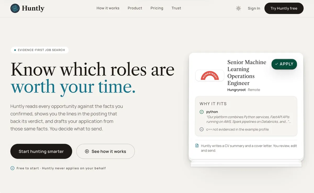 Huntly homepage showing a job match with the reasons the role fits